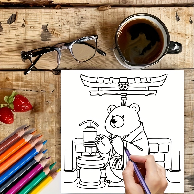 28 Pages Cute Bear in Japan Co - Adult Coloring Book Stress Relief ulasan dan harga