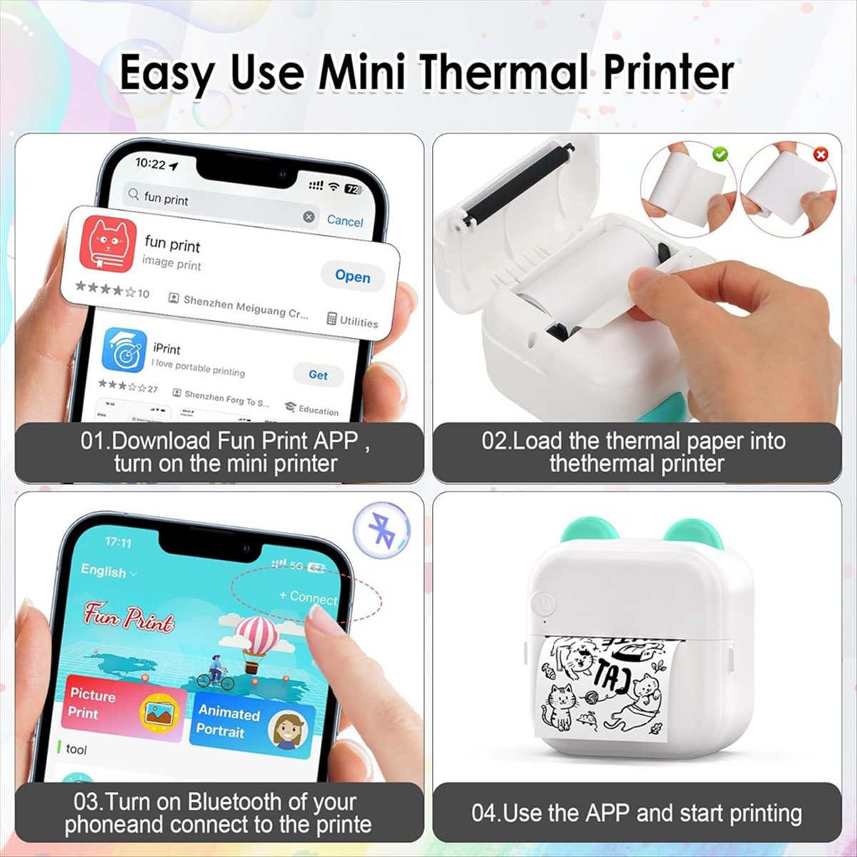 Mini Sticker Printer RGB Light - Mini Pocket Thermal Printer Paper Roll ulasan dan harga